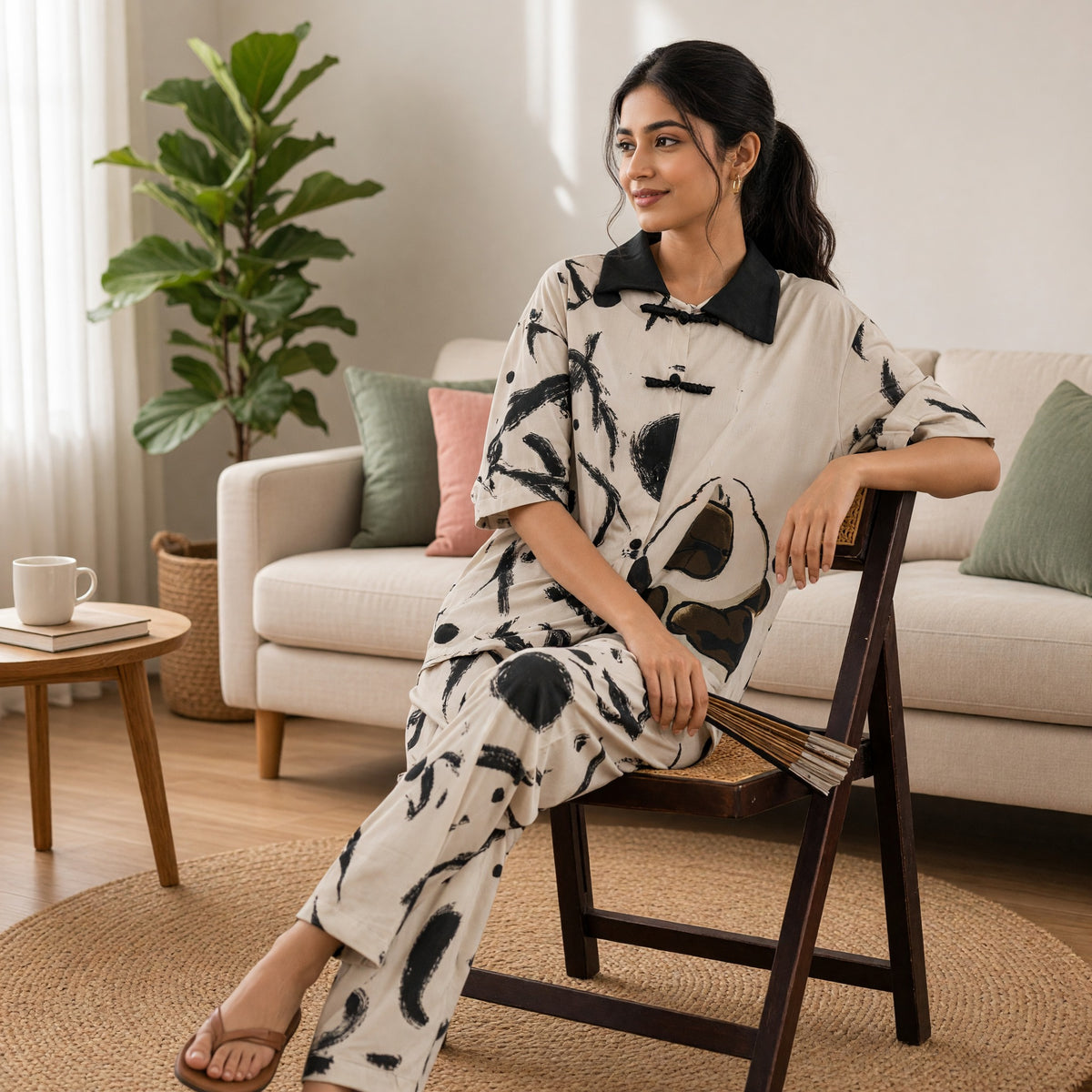 100% Cotton Ivory Ink Padded Night Suit