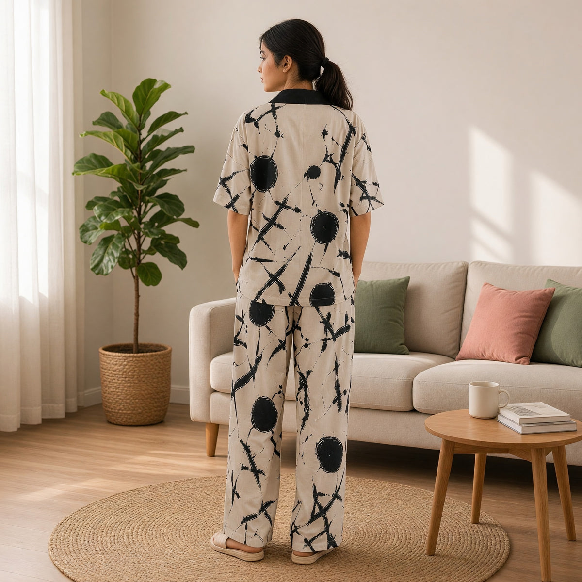100% Cotton Ivory Ink Padded Night Suit