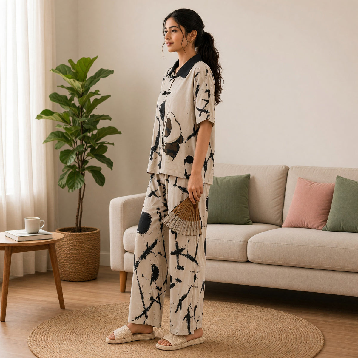 100% Cotton Ivory Ink Padded Night Suit