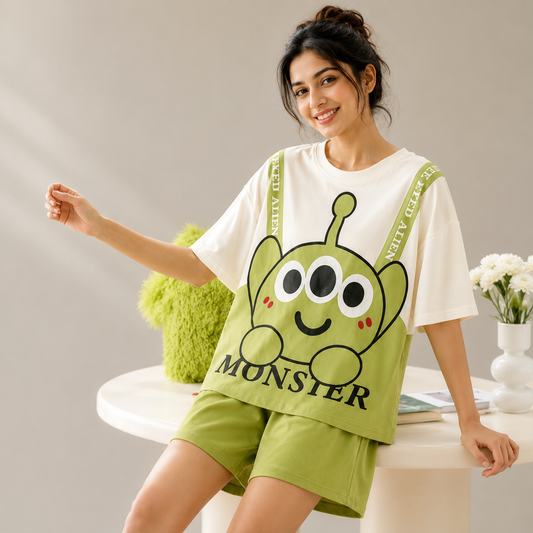 ZeroBra Alien Graphic Lounge Set – comfortable Indian women's co-ord with quirky space print