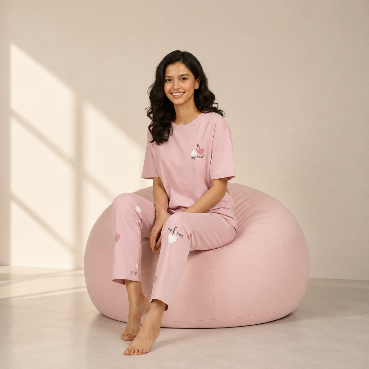 ZeroBra Cherry Whisper Padded PJ Set in soft cherry print, comfortable Indian nightwear for women