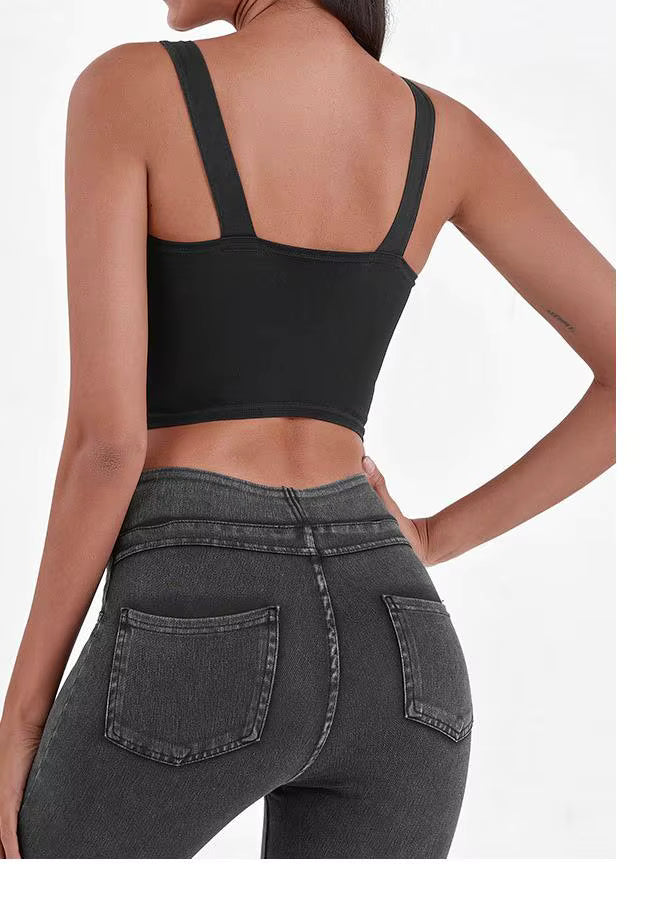 Chic Denim-Inspired Built-In Bra Crop Top – Edgy & Trendy
