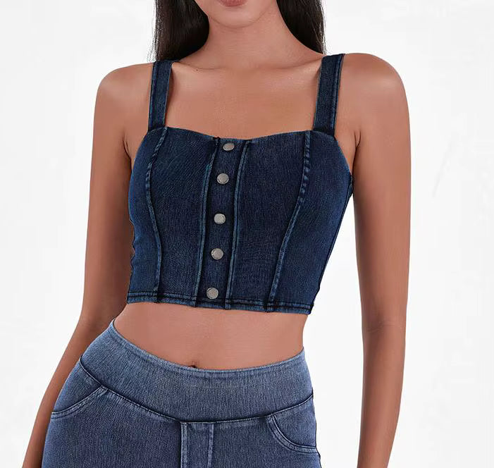 Chic Denim-Inspired Built-In Bra Crop Top – Edgy & Trendy