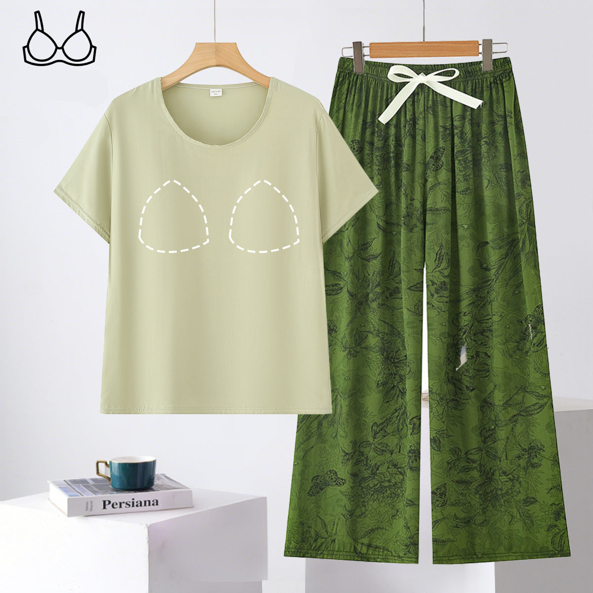 Verdant Bloom green lounge set with built-in padded bra, comfortable Indian nightwear by ZeroBra