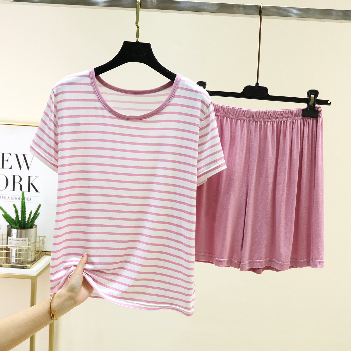 Blush Candy Stripe PJ Set with built-in padded bra comfort, cozy Indian sleepwear by ZeroBra