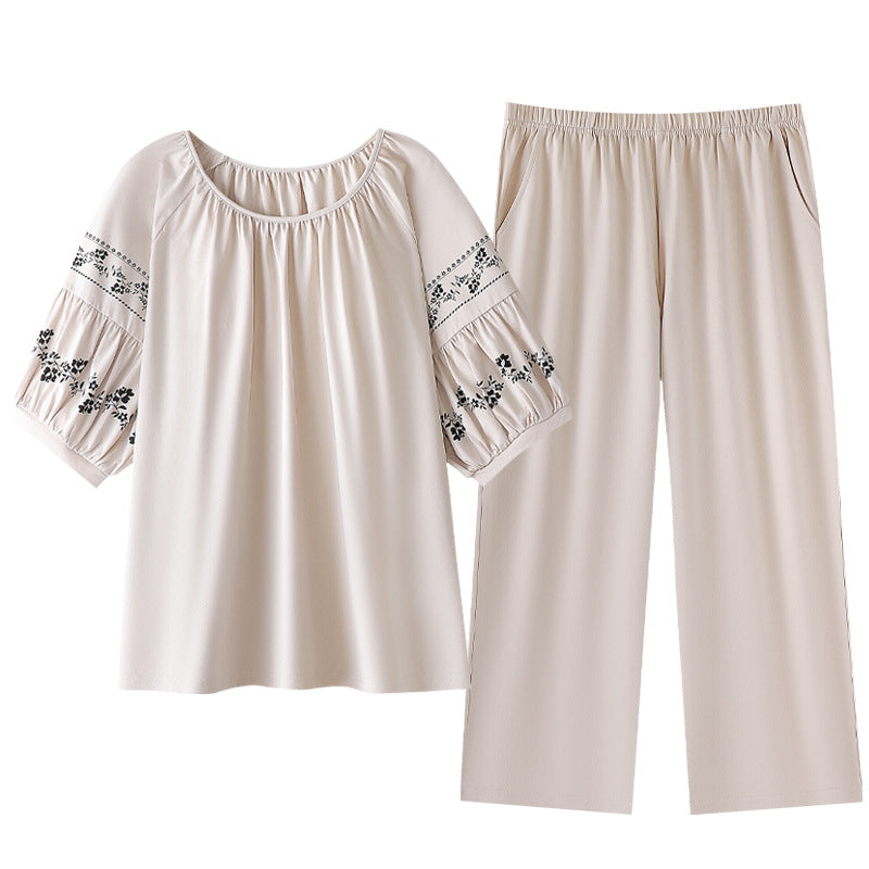 Moonlit Meadow embroidered lounge set in ivory with delicate floral details, comfortable Indian pajama style by ZeroBra