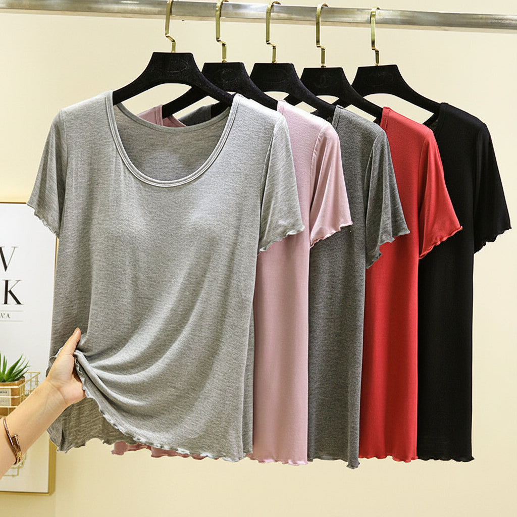 FeatherSoft Built-In Bra Lounge Tee in neutral tone showing comfortable everyday wear for Indian women by ZeroBra