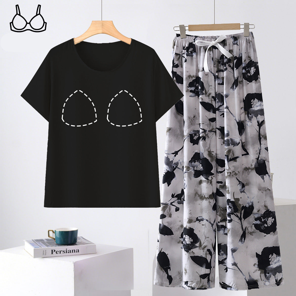Dark floral Midnight Bloom Lounge Set with built-in padded bra, comfortable Indian nightwear by ZeroBra