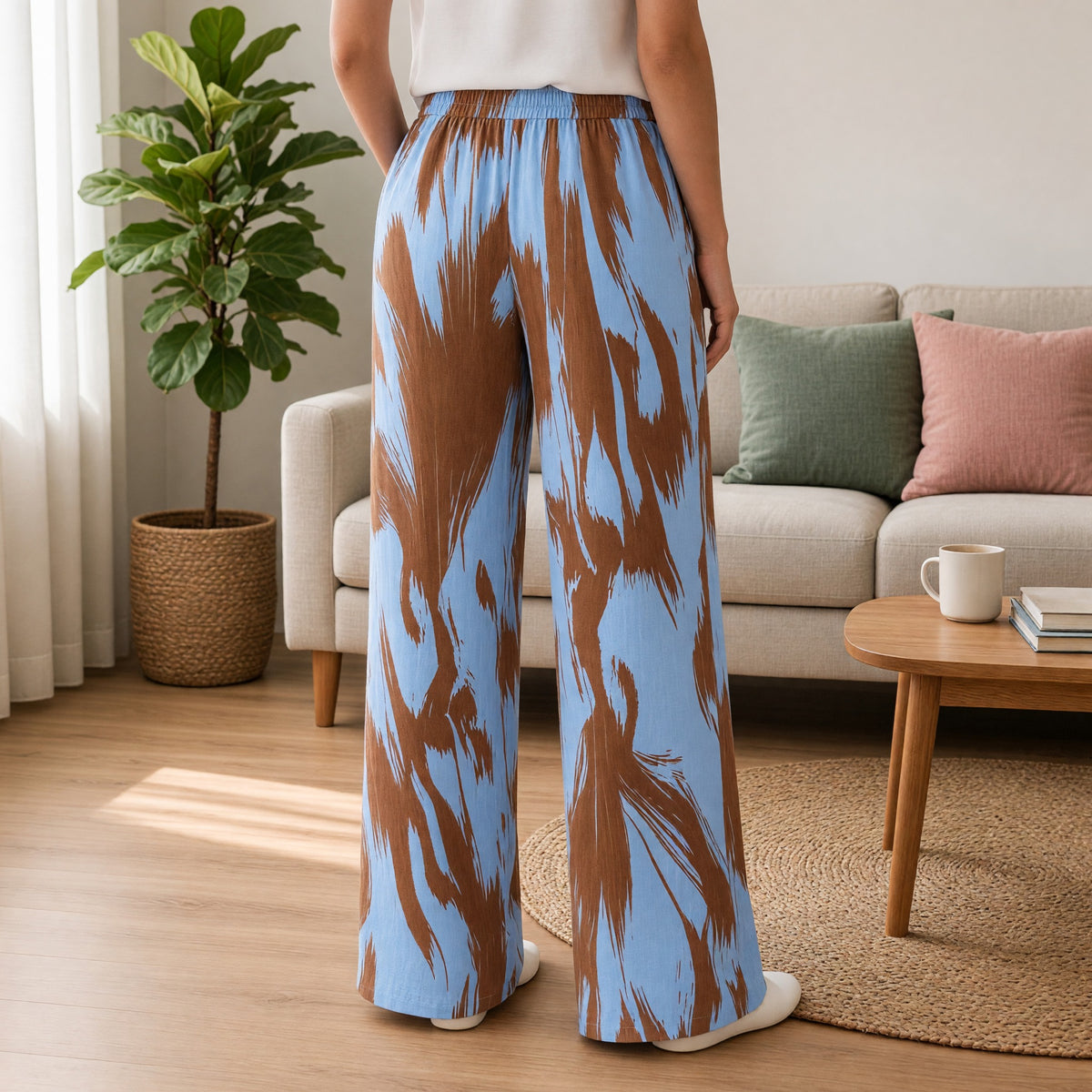 Abstract Sky Blue Wide-Leg Lounge Pants