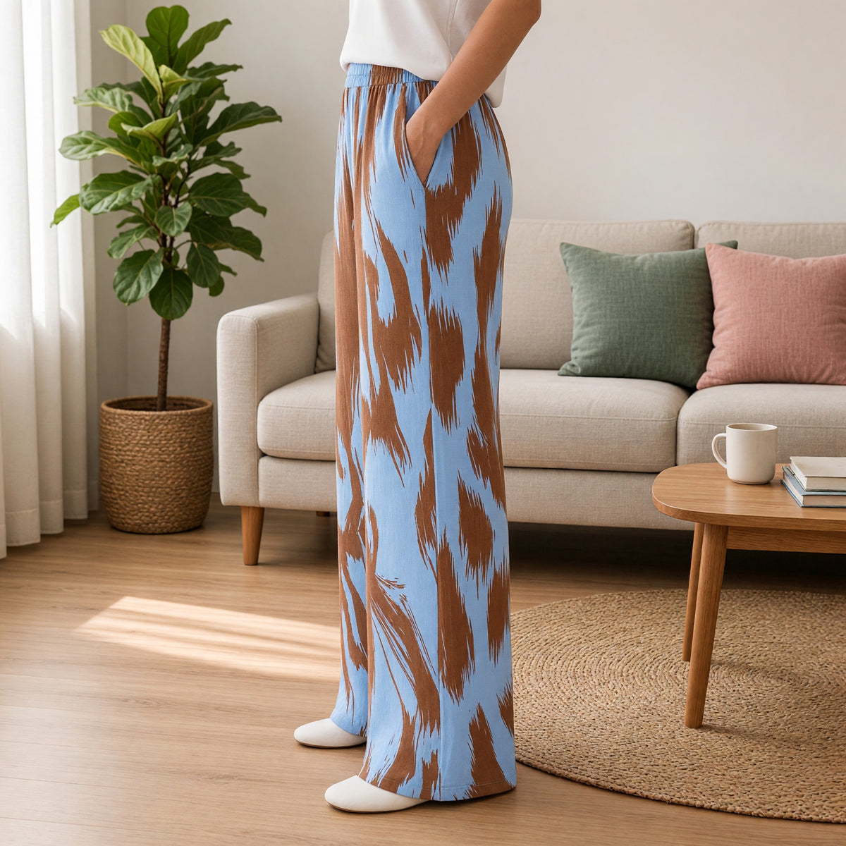Abstract Sky Blue Wide-Leg Lounge Pants