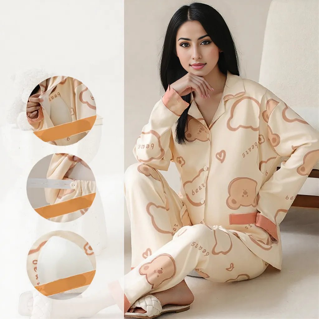 Beige Bear Maternity & Nursing Padded PJ Set – Soft, Bra - Free Mama Comfort - Zero Bra