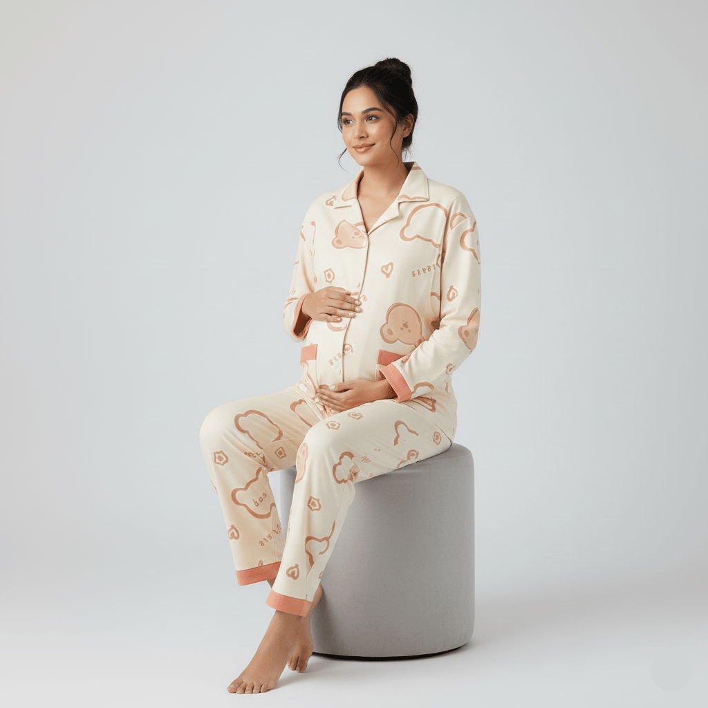 Beige Bear Maternity & Nursing Padded PJ Set – Soft, Bra - Free Mama Comfort - Zero Bra