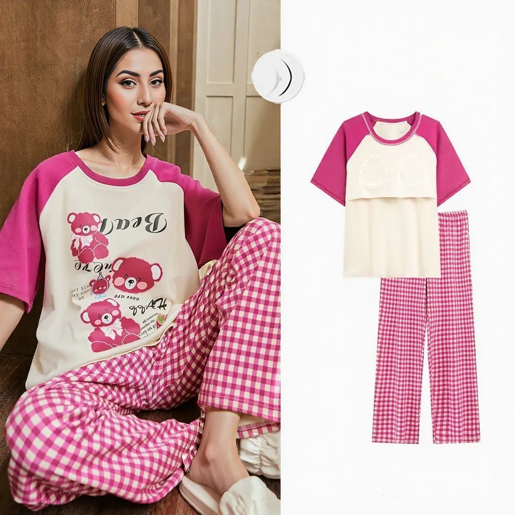 Berry Bear Gingham PJ Set – With Padded Pop Comfort - Zero Bra