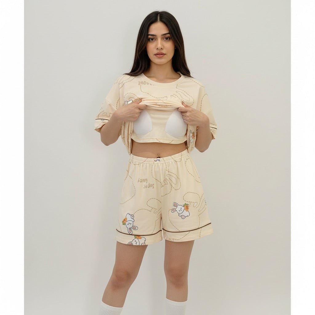 Bunny Doodle Padded PJ Set – Creamy Cuteness Edition - Zero Bra