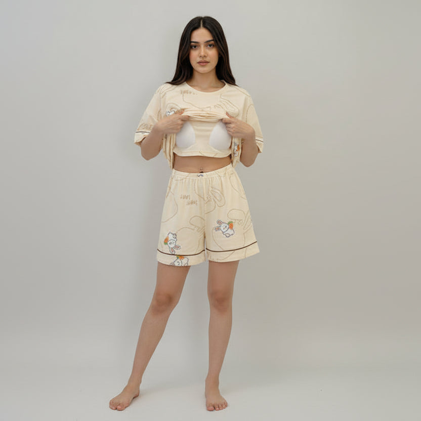 Bunny Doodle Padded PJ Set – Creamy Cuteness Edition - Zero Bra