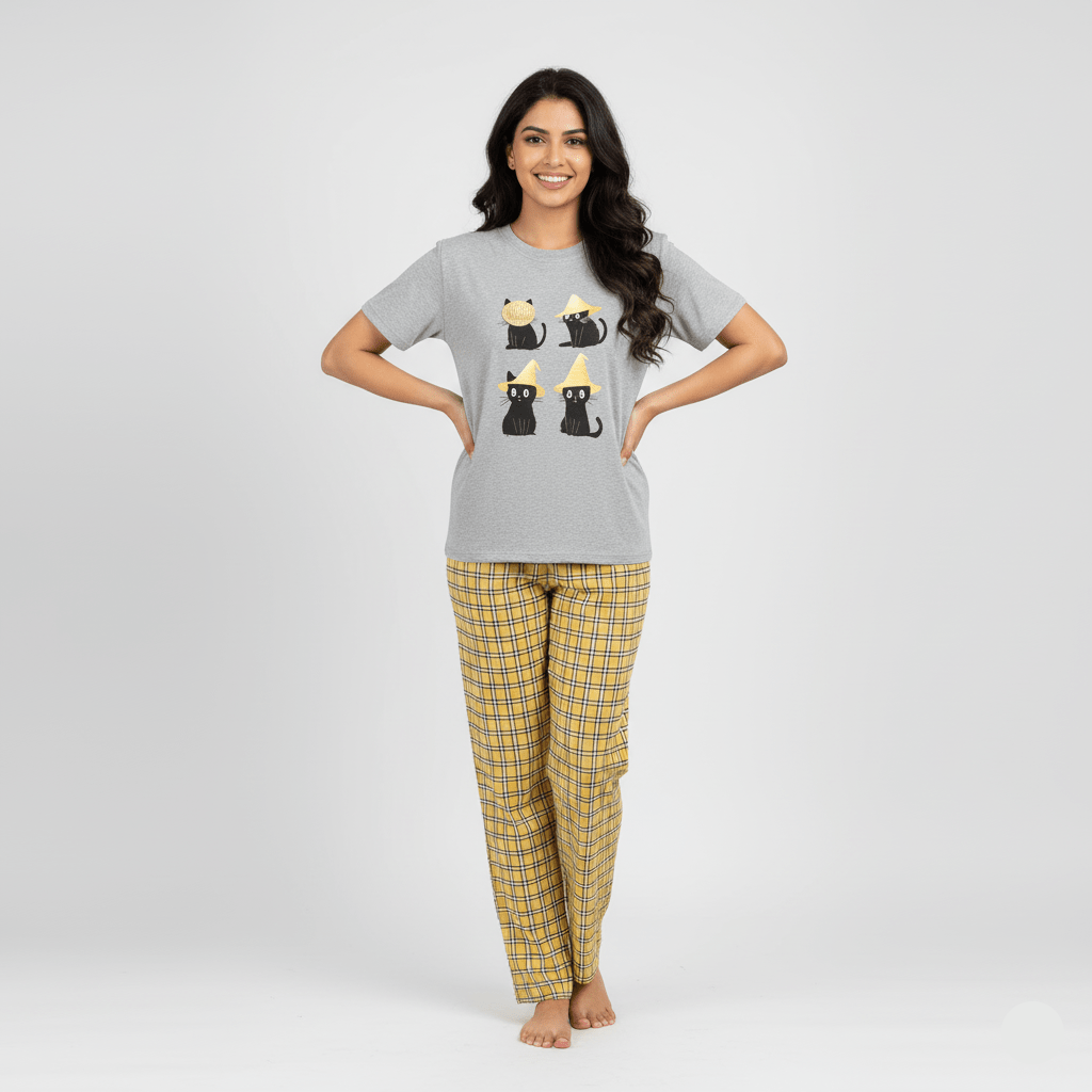 Cat Nap Plaid PJ Set – With Padded Purrfection - Zero Bra