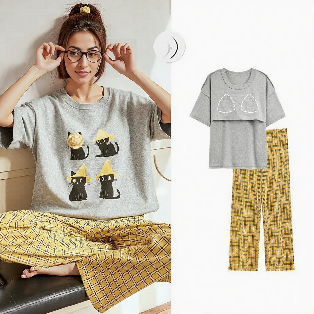 Cat Nap Plaid PJ Set โ With Padded Purrfection - Zero Bra