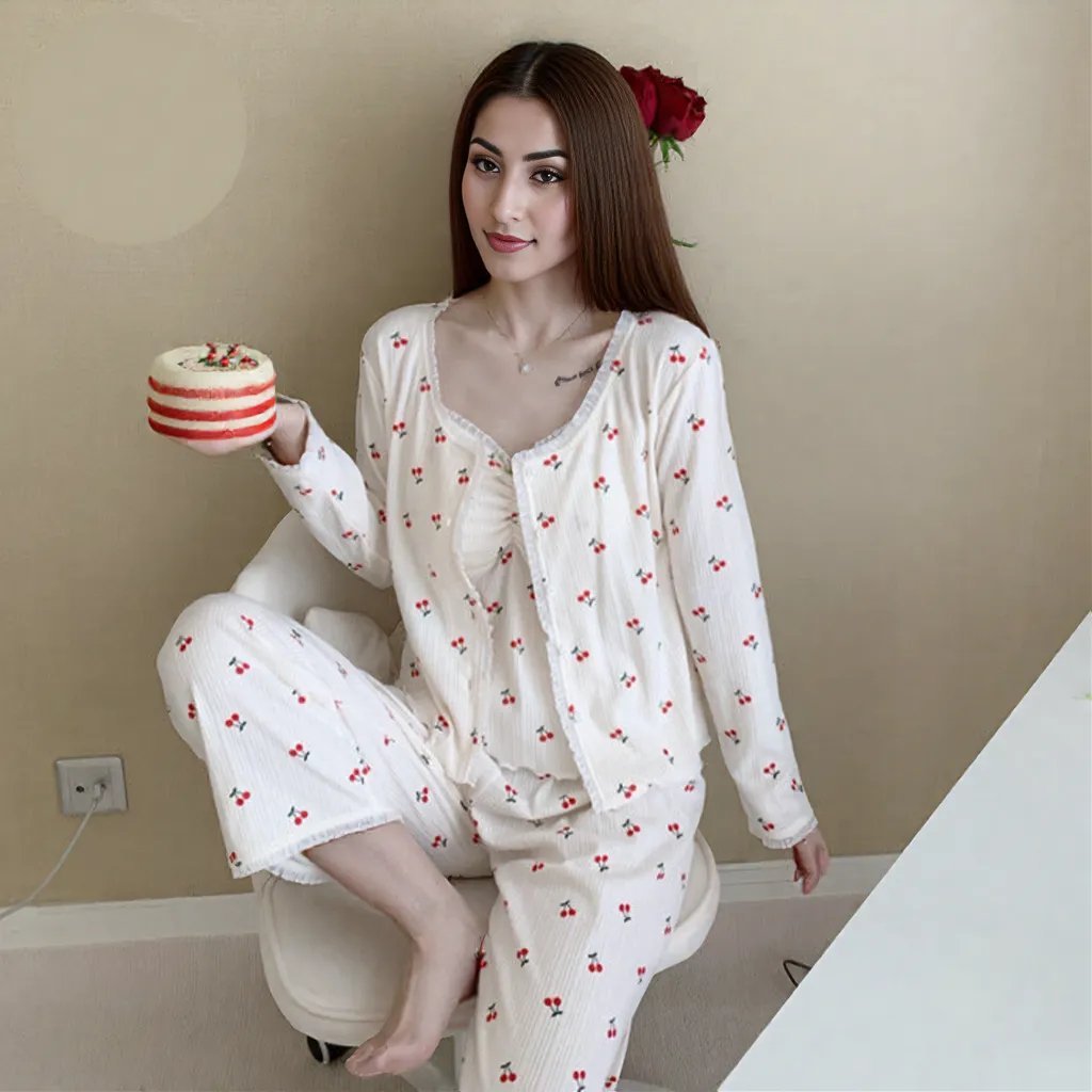 Cherry Bliss PJ Set โ 3 - Piece With Padded Sweetness - Zero Bra