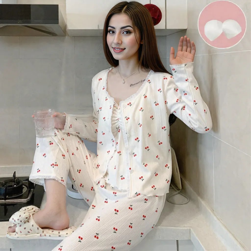 Cherry Bliss PJ Set โ 3 - Piece With Padded Sweetness - Zero Bra
