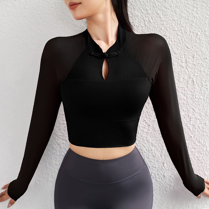 Chic Keyhole Long Sleeve Crop Top with Built - in Bra - Zero Bra