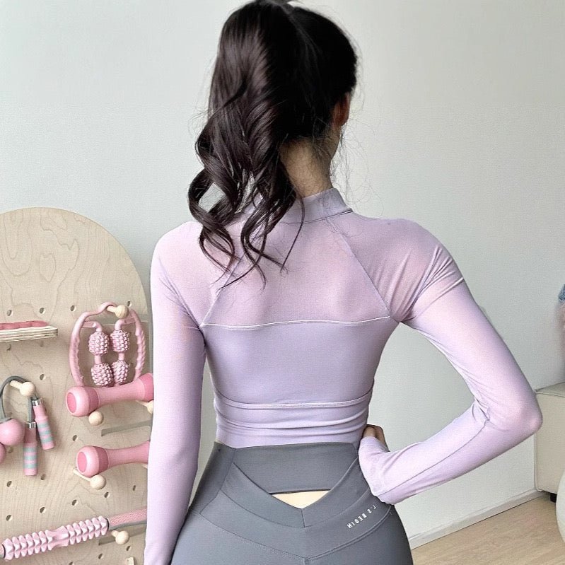 Chic Keyhole Long Sleeve Crop Top with Built - in Bra - Zero Bra