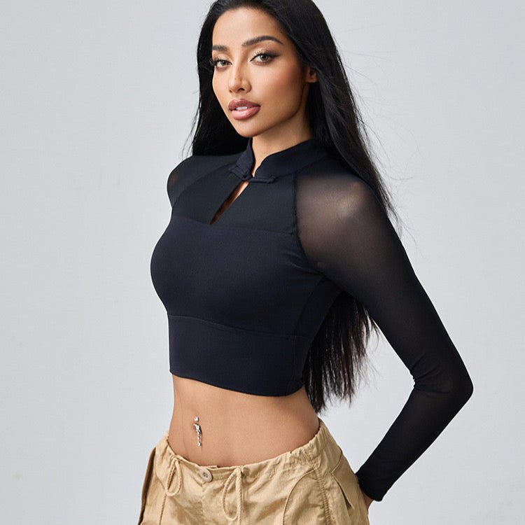 Chic Keyhole Long Sleeve Crop Top with Built - in Bra - Zero Bra