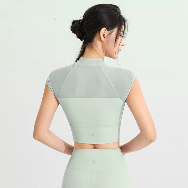 Chic Mesh Panel Crop Top with Built - in Bra - Zero Bra