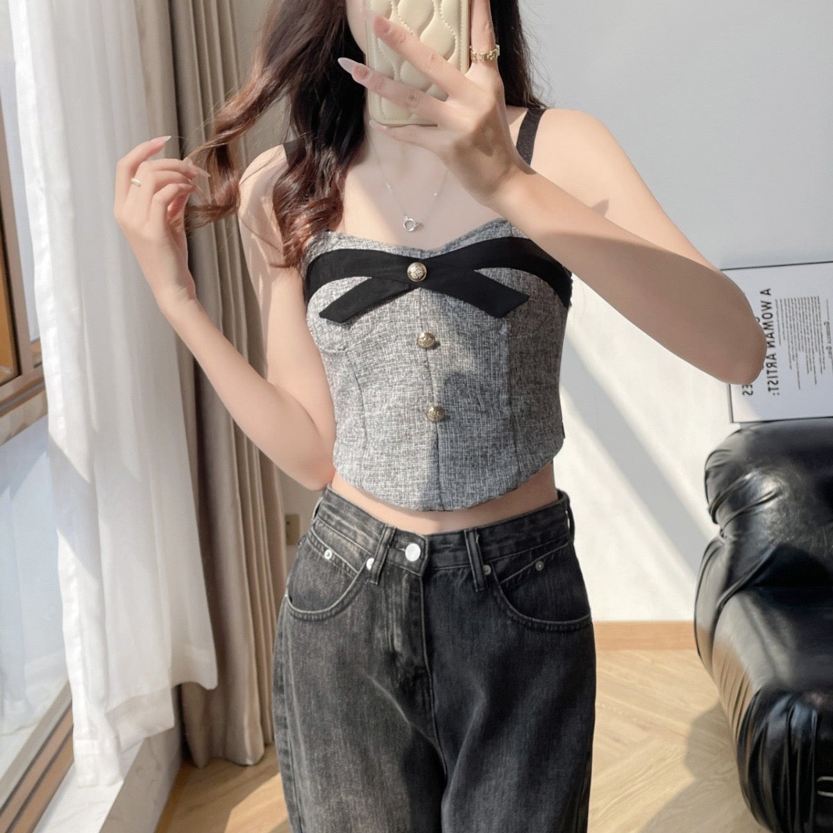 Chic Tweed Bow Built - In Bra Cami – Vintage Elegance with a Modern Twist - Zero Bra