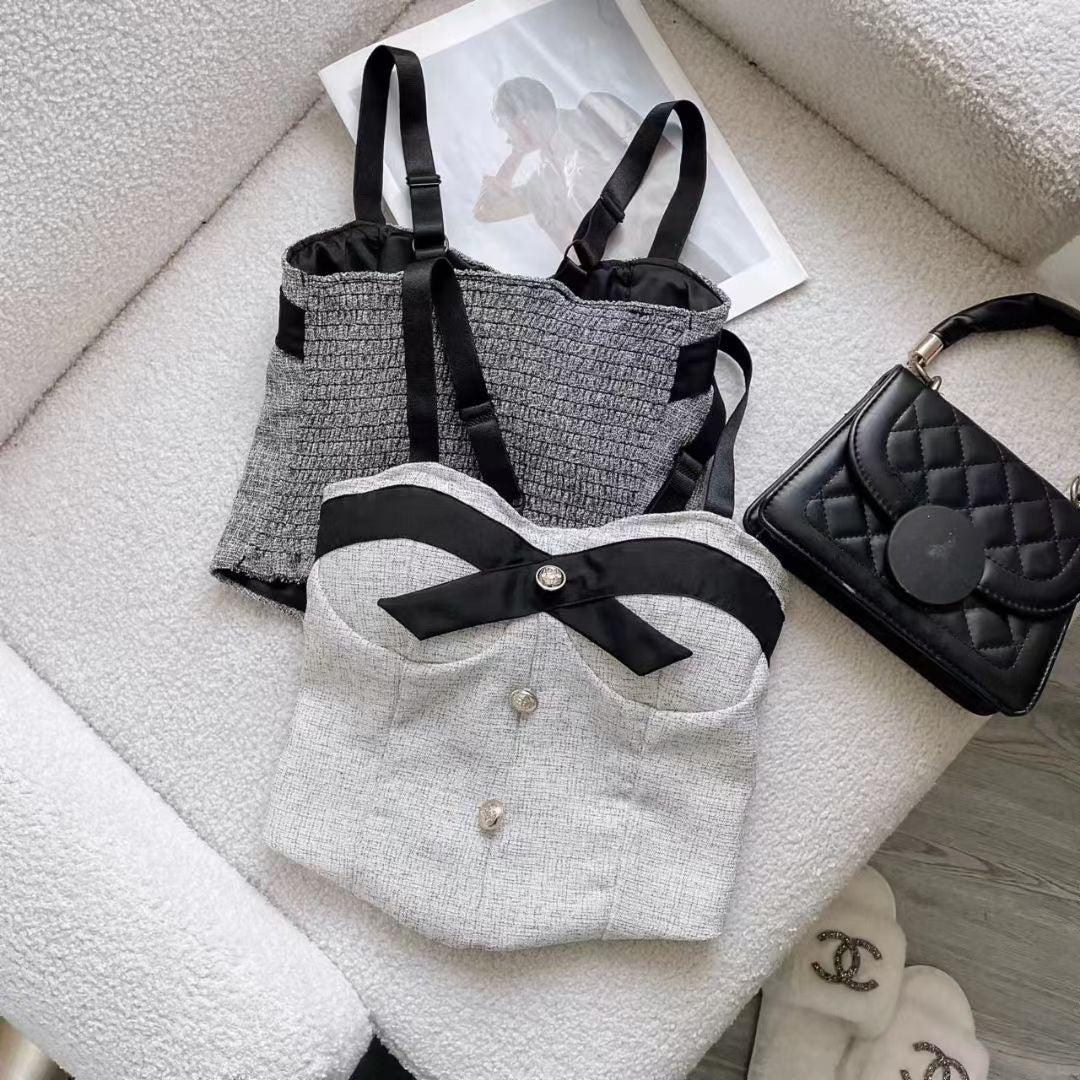 Chic Tweed Bow Built - In Bra Cami – Vintage Elegance with a Modern Twist - Zero Bra