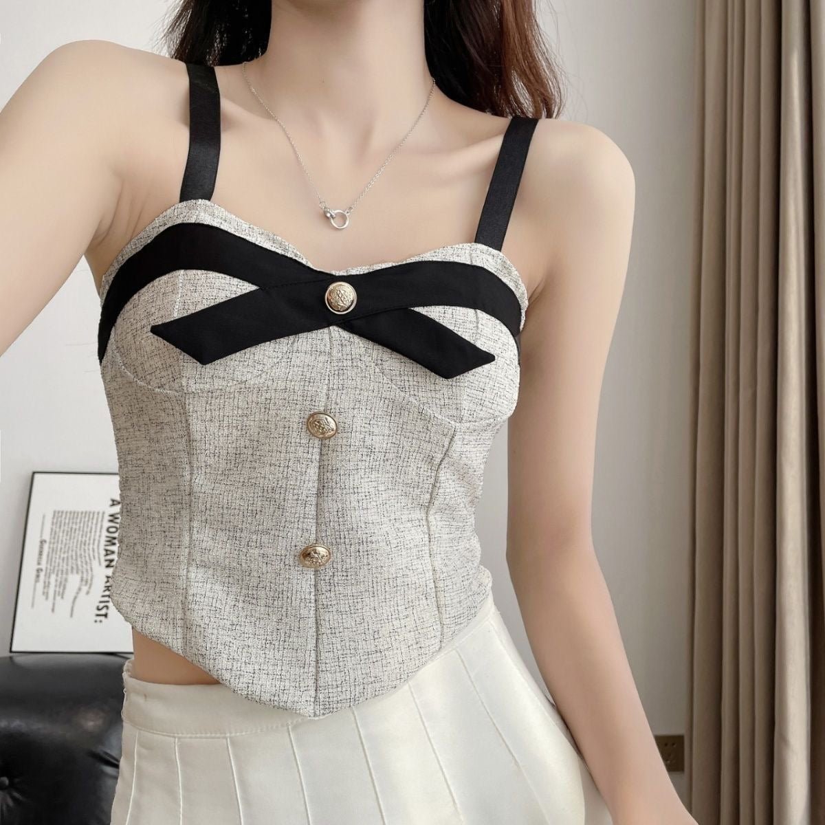 Chic Tweed Bow Built - In Bra Cami – Vintage Elegance with a Modern Twist - Zero Bra
