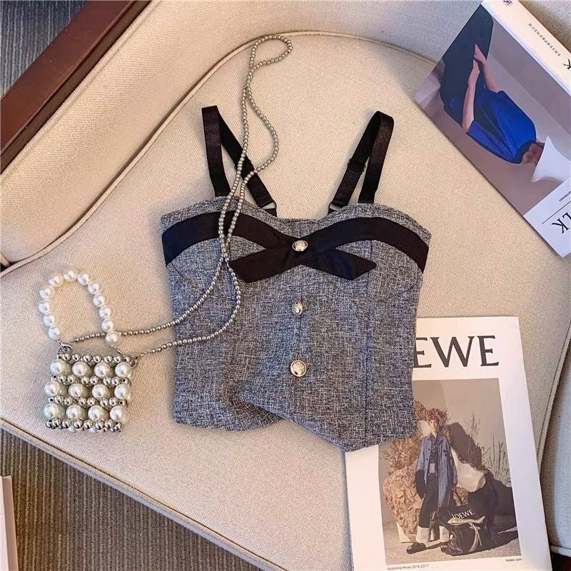 Chic Tweed Bow Built - In Bra Cami – Vintage Elegance with a Modern Twist - Zero Bra