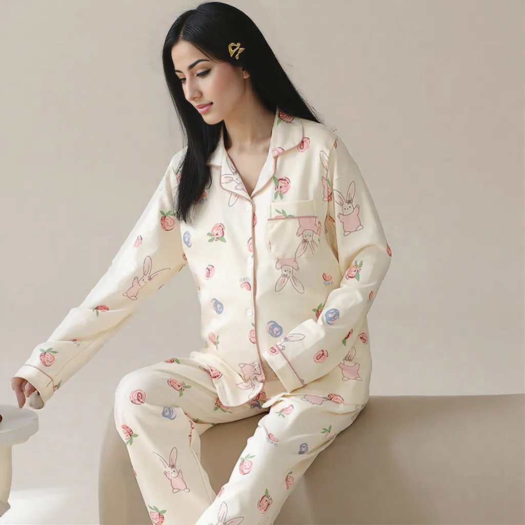 Cream Bunny Maternity & Nursing Padded PJ Set – Cute, Cozy & Bra - Free - Zero Bra