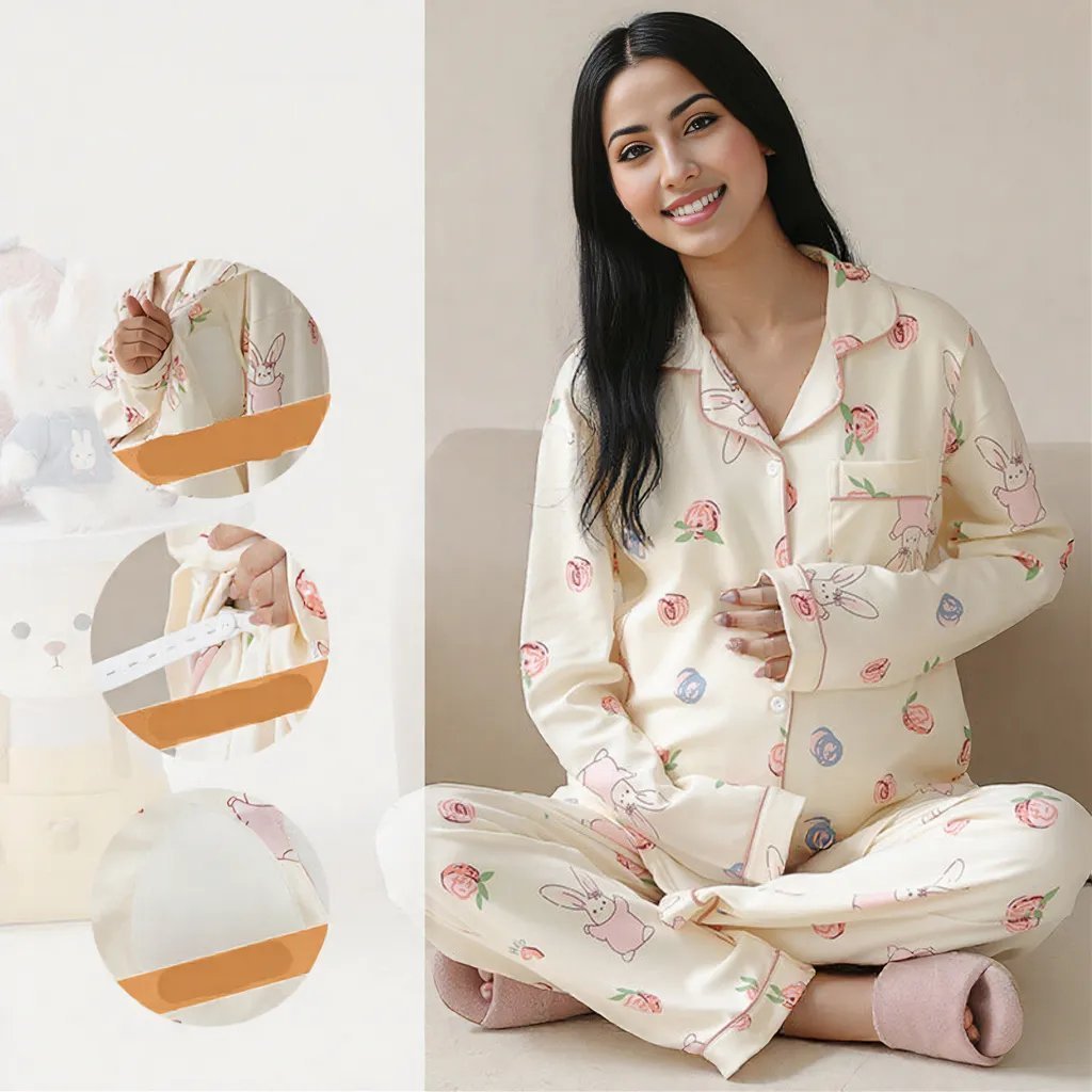 Cream Bunny Maternity & Nursing Padded PJ Set – Cute, Cozy & Bra - Free - Zero Bra