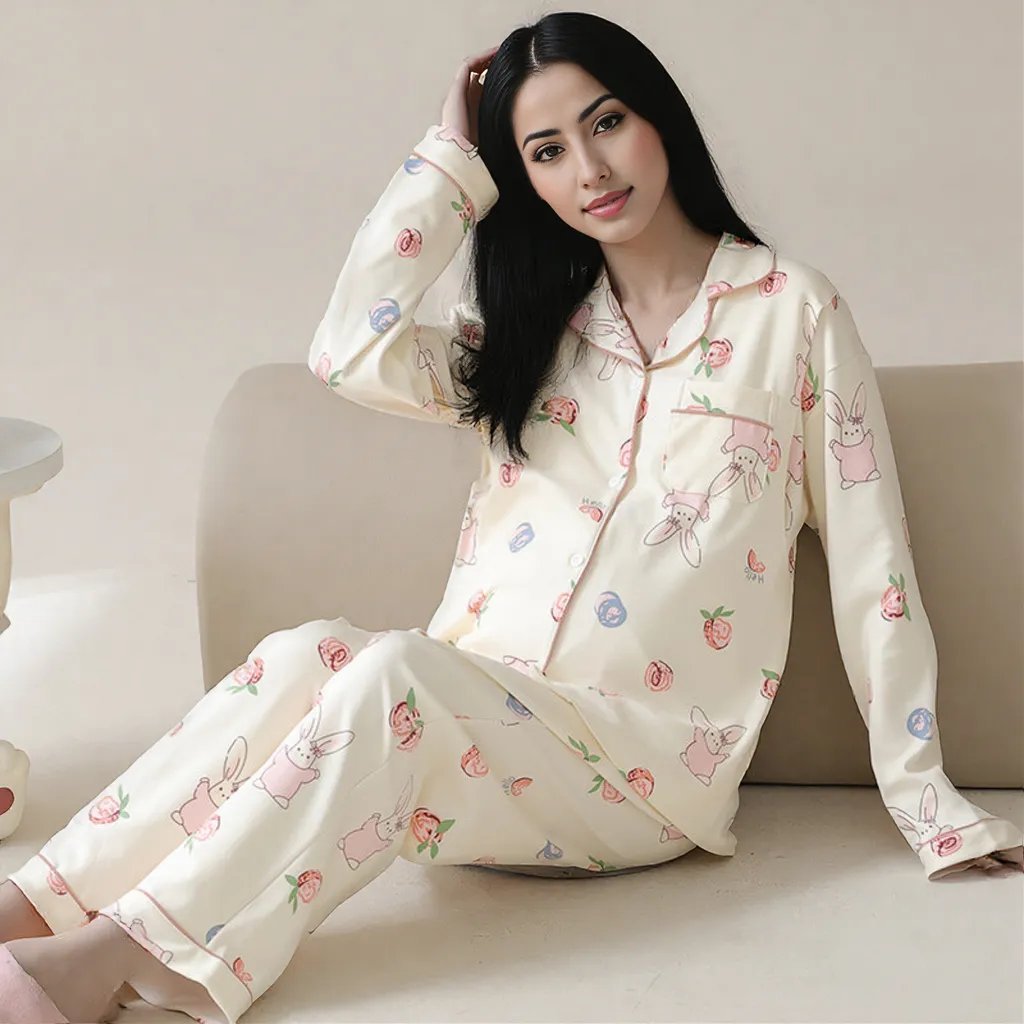 Cream Bunny Maternity & Nursing Padded PJ Set – Cute, Cozy & Bra - Free - Zero Bra
