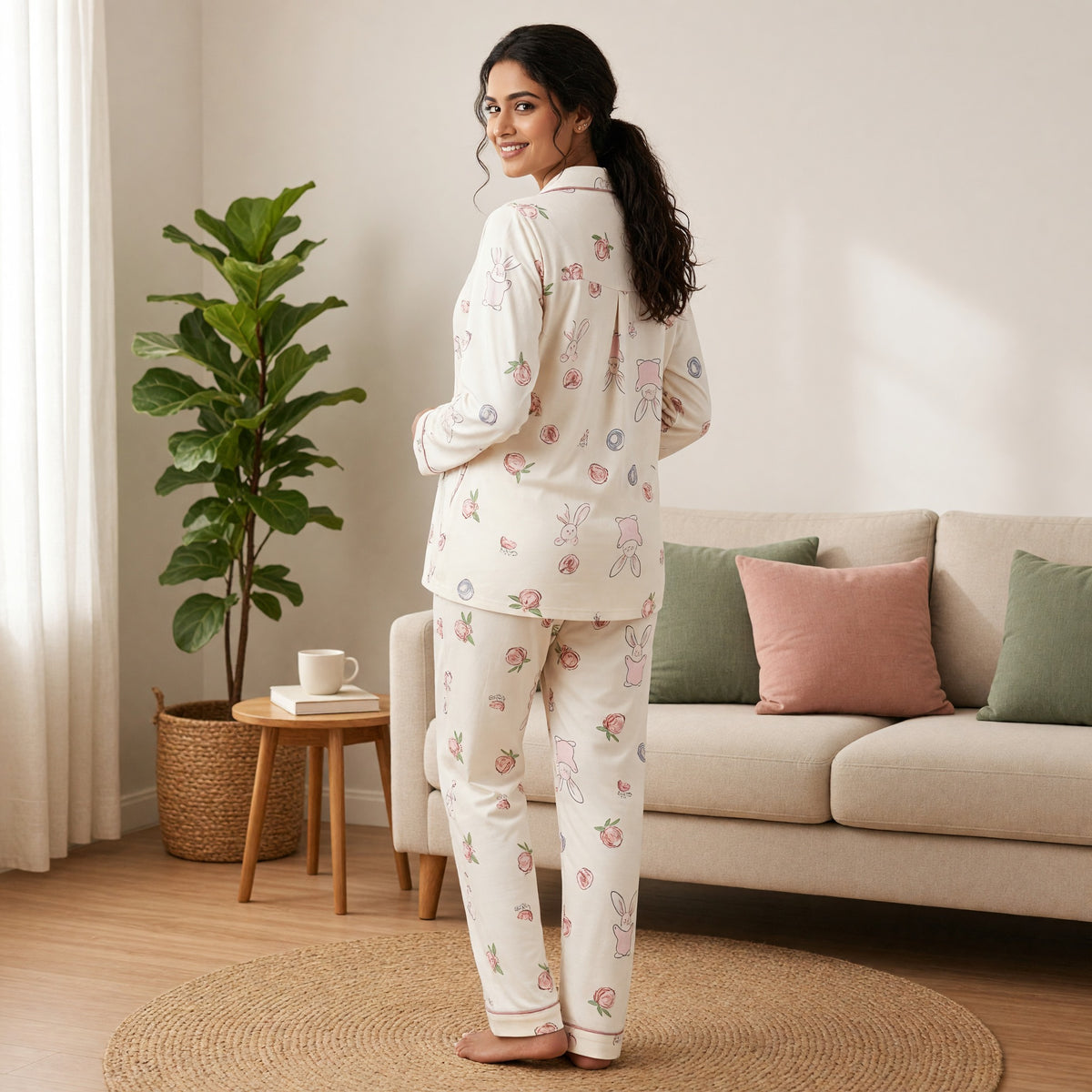 Cream Bunny Padded Feeding Night Suit