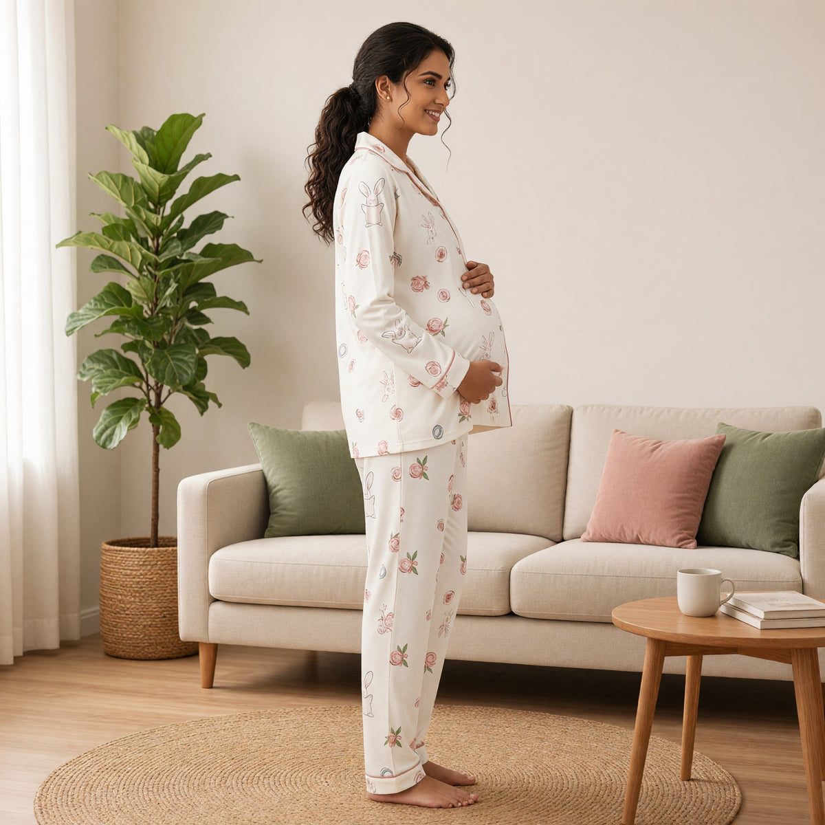 Cream Bunny Padded Feeding Night Suit