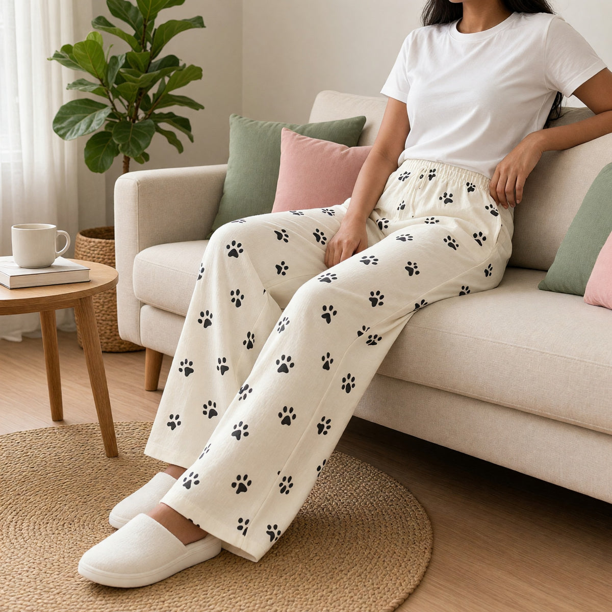 Cream Paw Print Wide-Leg Lounge Pants