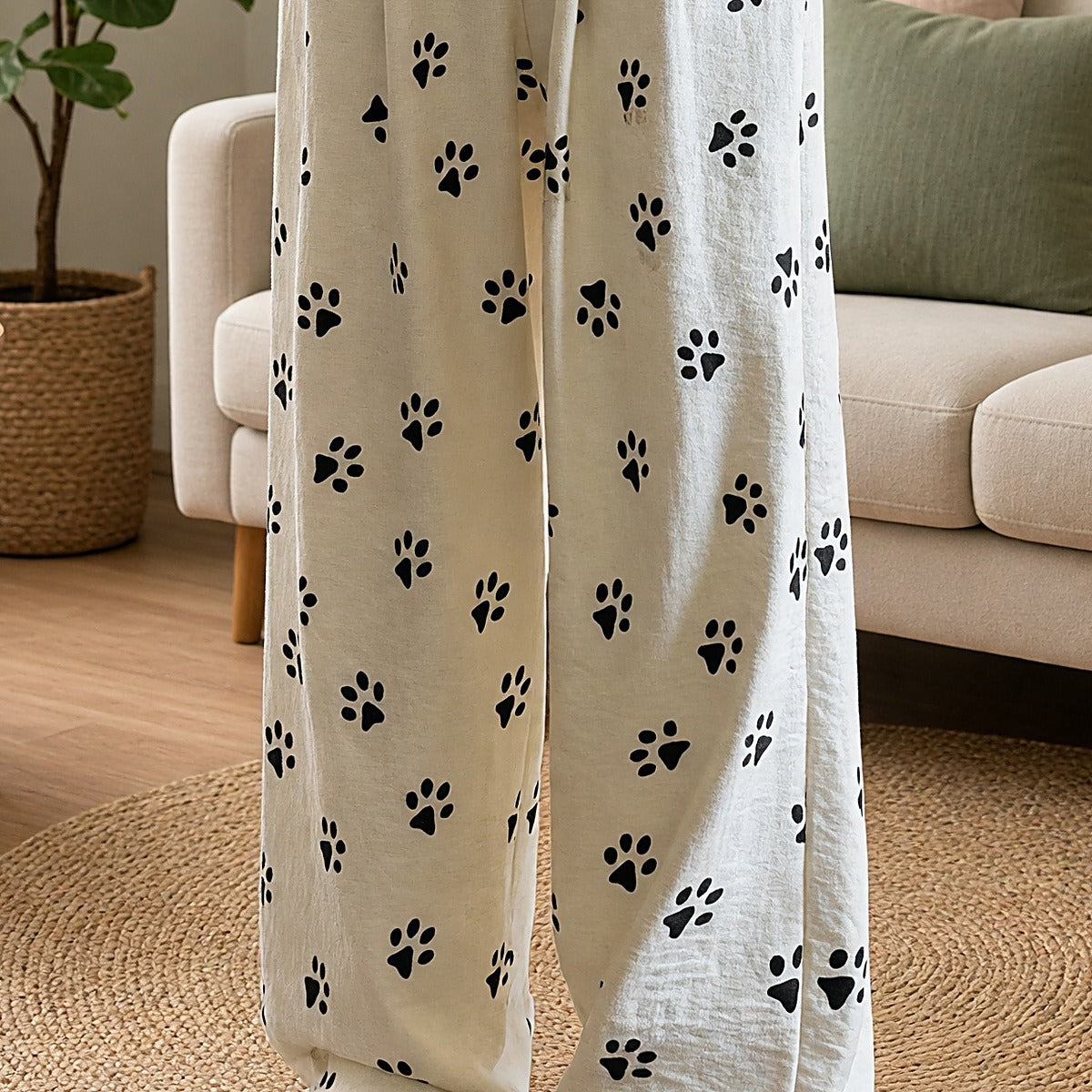 Cream Paw Print Wide-Leg Lounge Pants