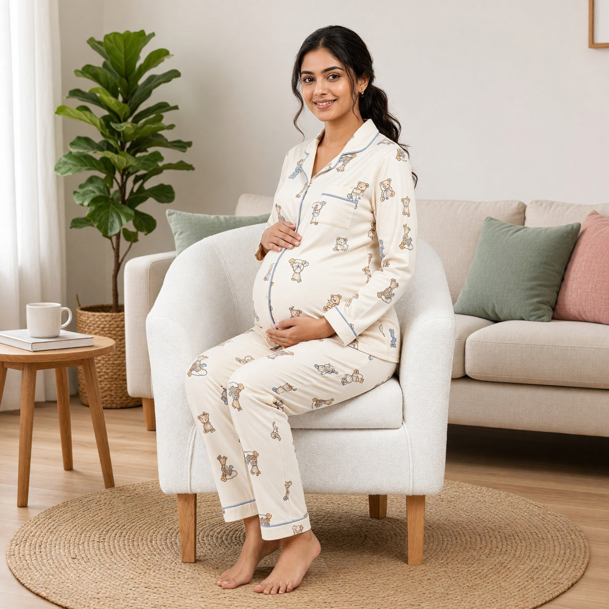 Cream Teddy Padded Feeding Night Suit