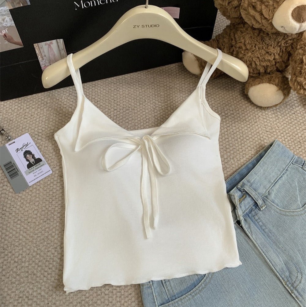 Cute Bow - Tie Spaghetti Strap Crop Top with Built - In Bra – Playful & Chic - Zero Bra