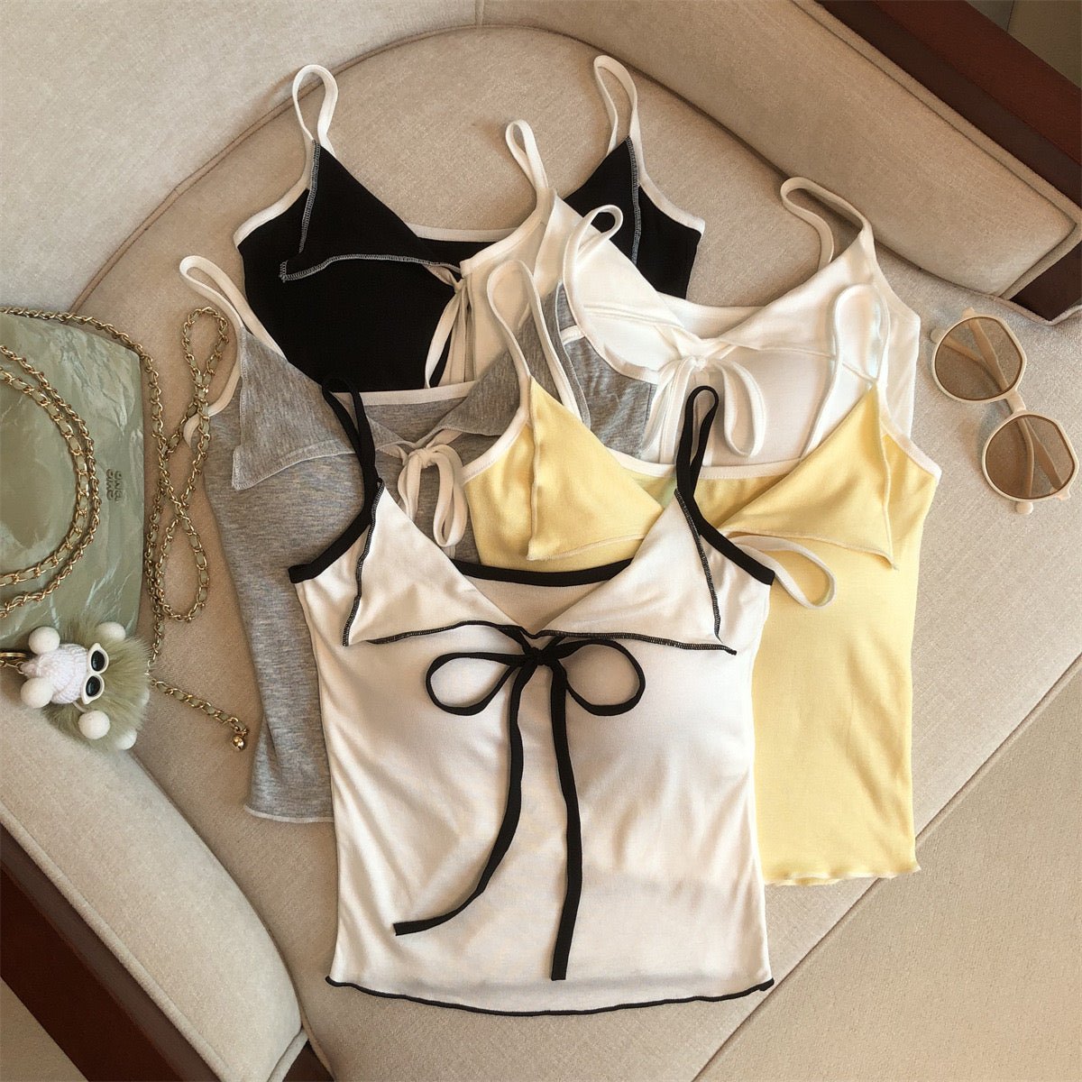 Cute Bow - Tie Spaghetti Strap Crop Top with Built - In Bra – Playful & Chic - Zero Bra