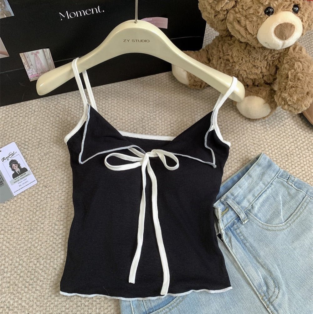 Cute Bow - Tie Spaghetti Strap Crop Top with Built - In Bra – Playful & Chic - Zero Bra