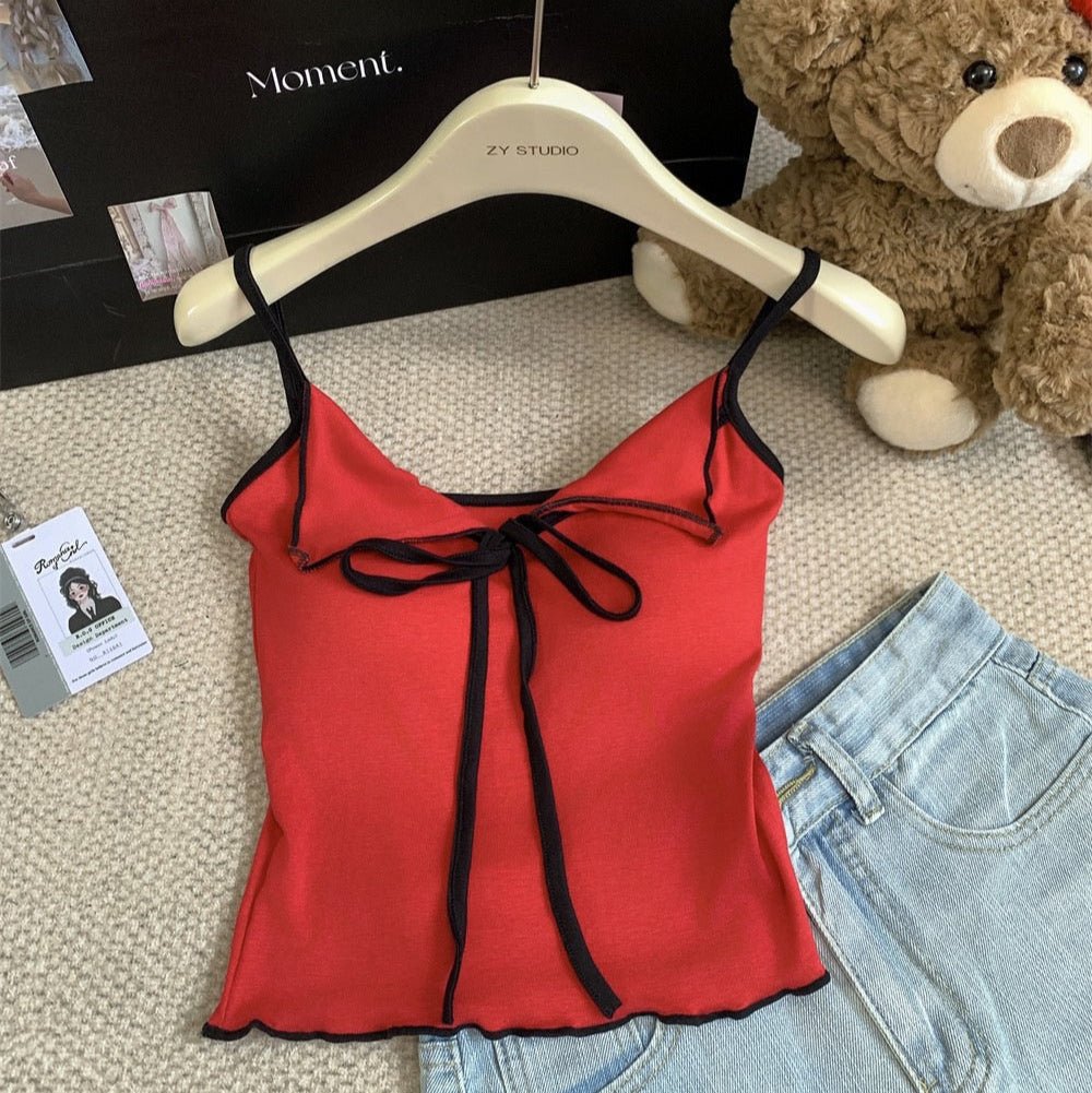 Cute Bow - Tie Spaghetti Strap Crop Top with Built - In Bra – Playful & Chic - Zero Bra