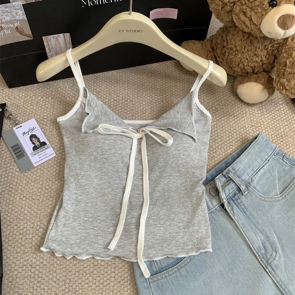 Cute Bow - Tie Spaghetti Strap Crop Top with Built - In Bra – Playful & Chic - Zero Bra