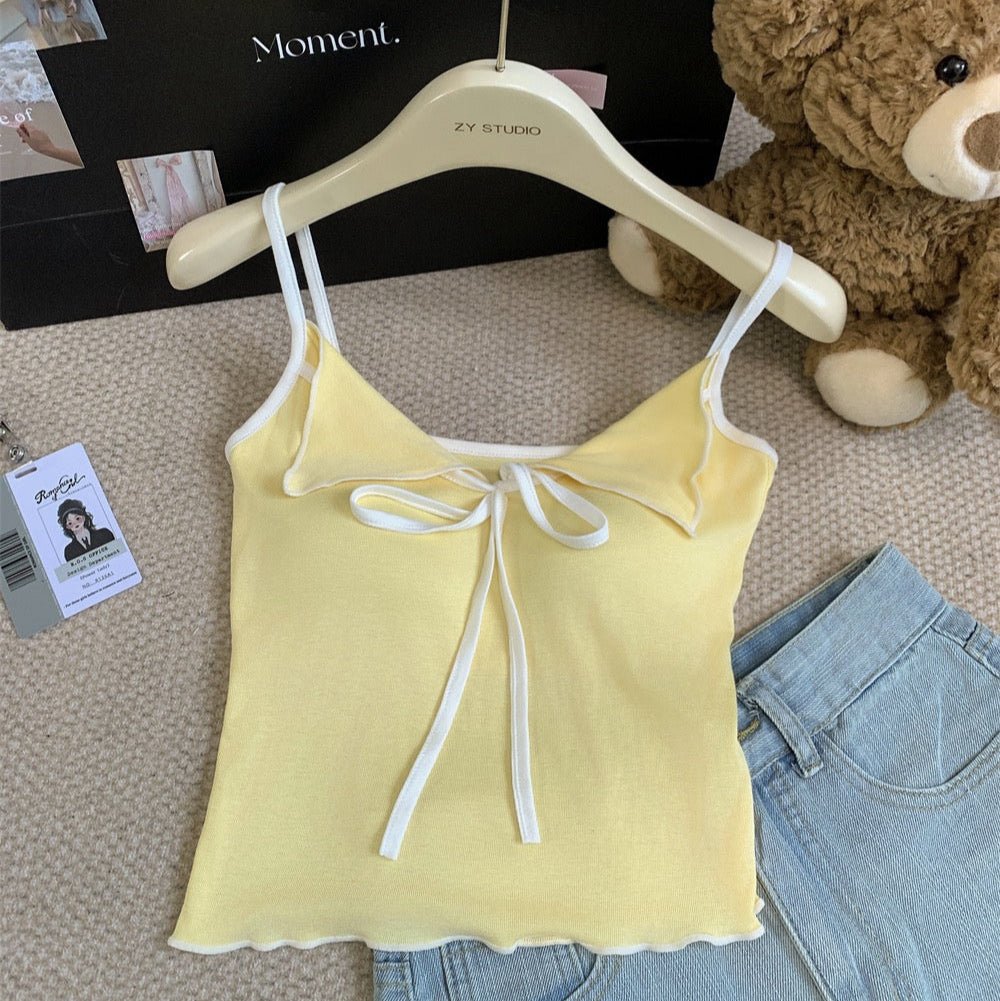 Cute Bow - Tie Spaghetti Strap Crop Top with Built - In Bra – Playful & Chic - Zero Bra