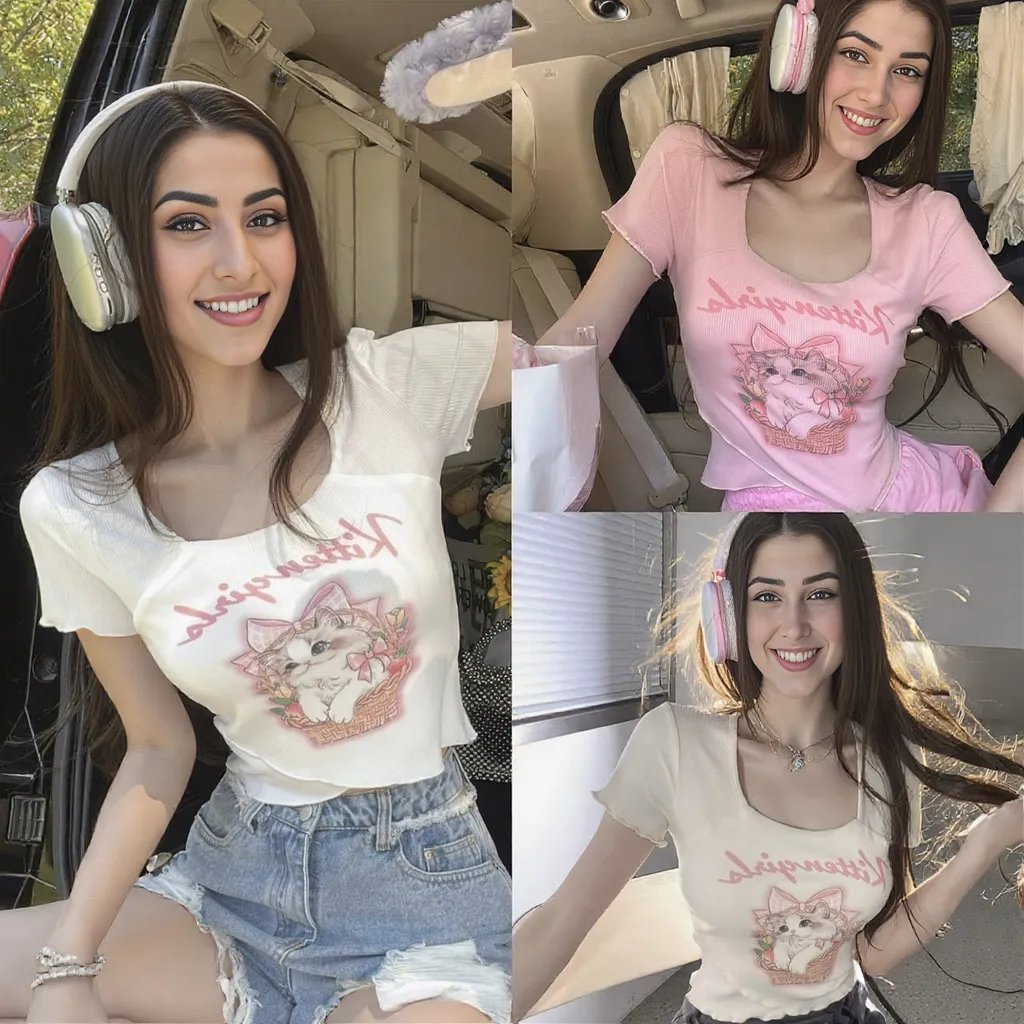 Cute Kitty Print Built - In Bra Top – Fun & Comfy - Zero Bra