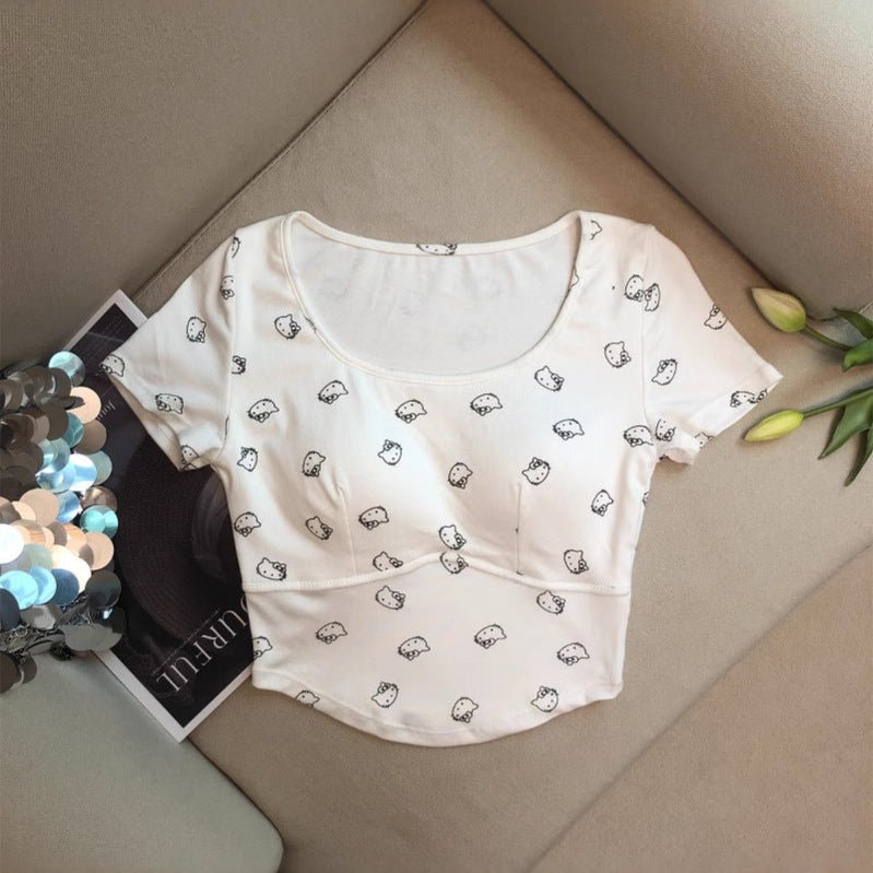 Cute Kitty Print Built - In Bra Top β Playful & Comfy - Zero Bra