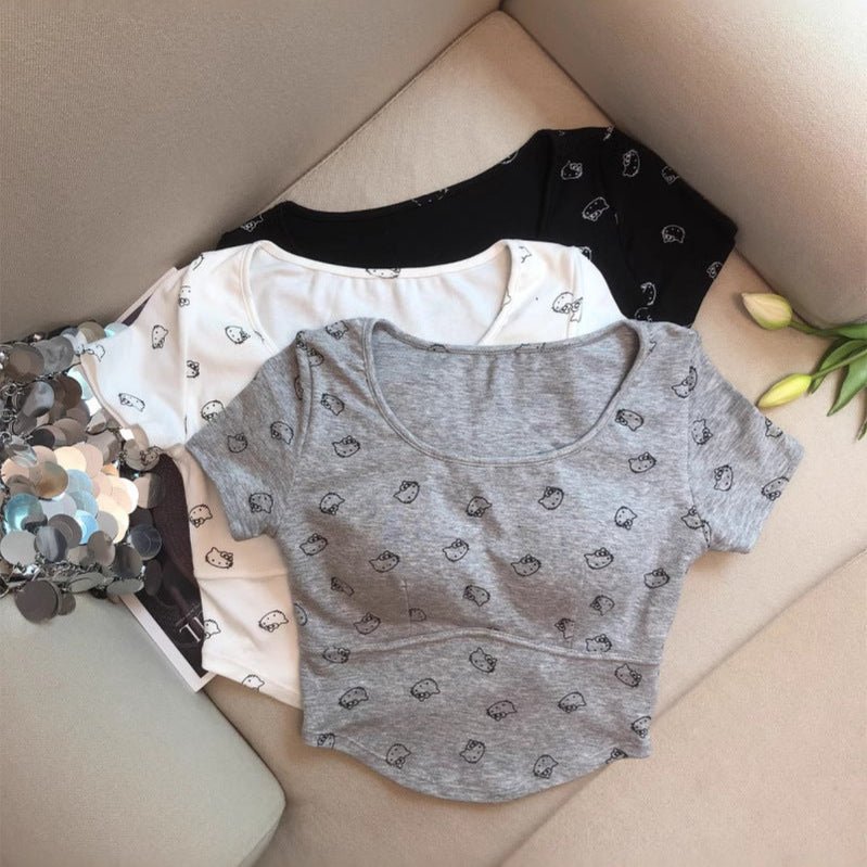 Cute Kitty Print Built - In Bra Top β Playful & Comfy - Zero Bra