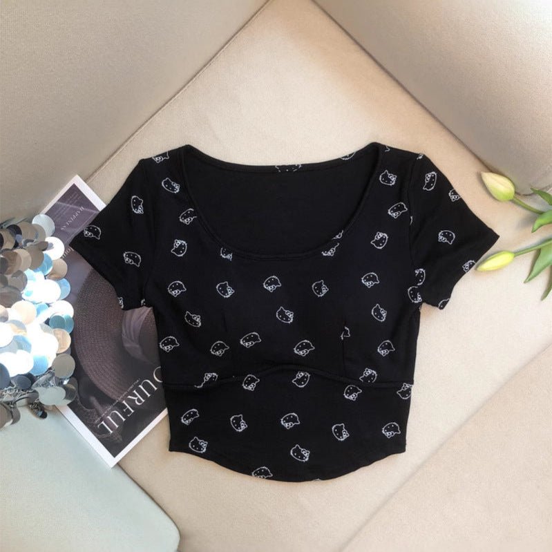 Cute Kitty Print Built - In Bra Top – Playful & Comfy - Zero Bra