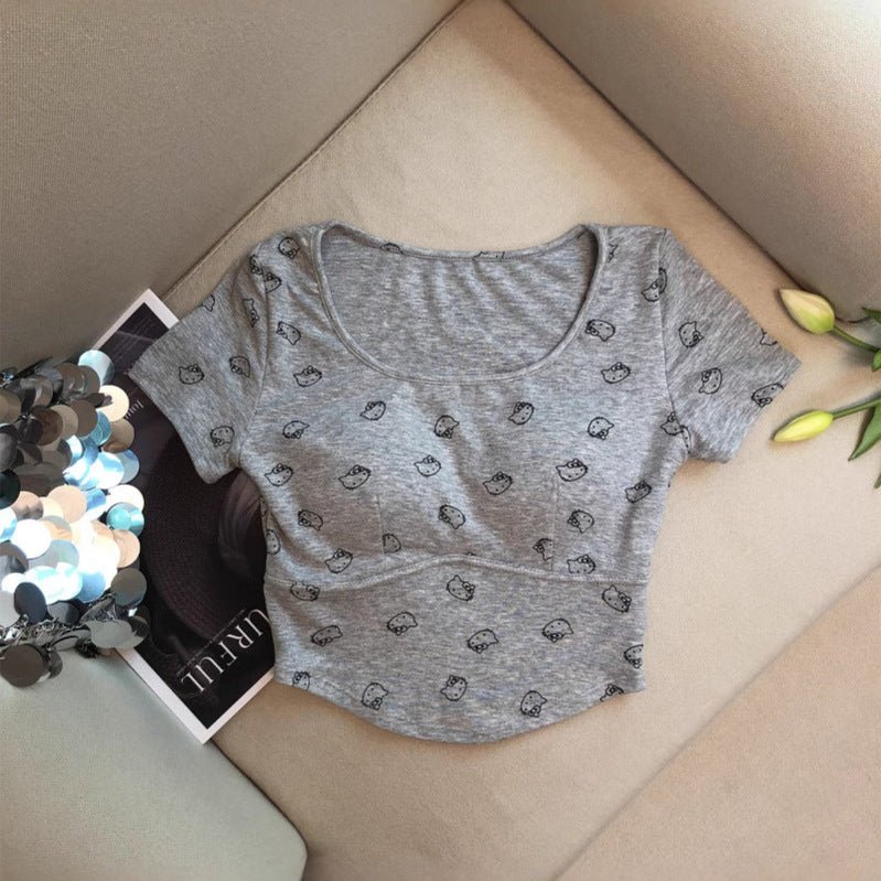 Cute Kitty Print Built - In Bra Top β Playful & Comfy - Zero Bra